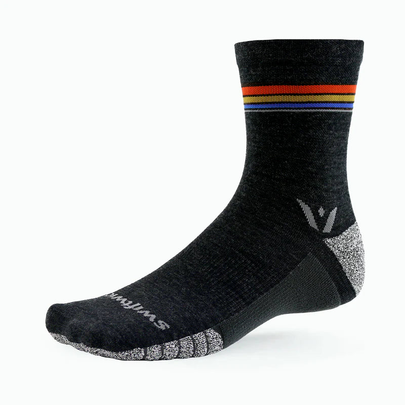 Unisex Swiftwick Flite XT Trail Five. Grey with colored stripes. Lateral view.