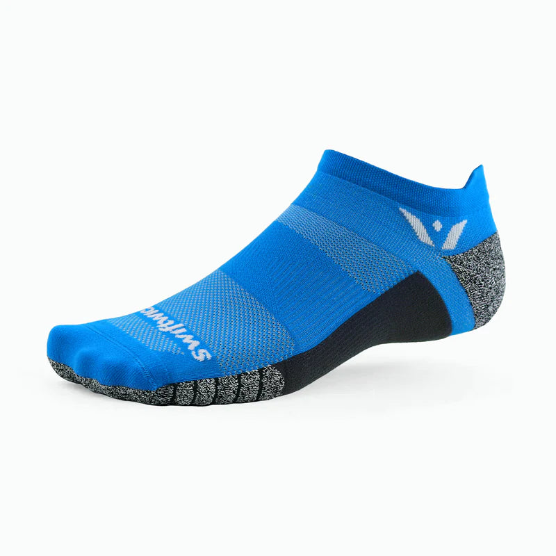 Unisex Swiftwick Flite XT Zero Tab. Blue. Lateral view.