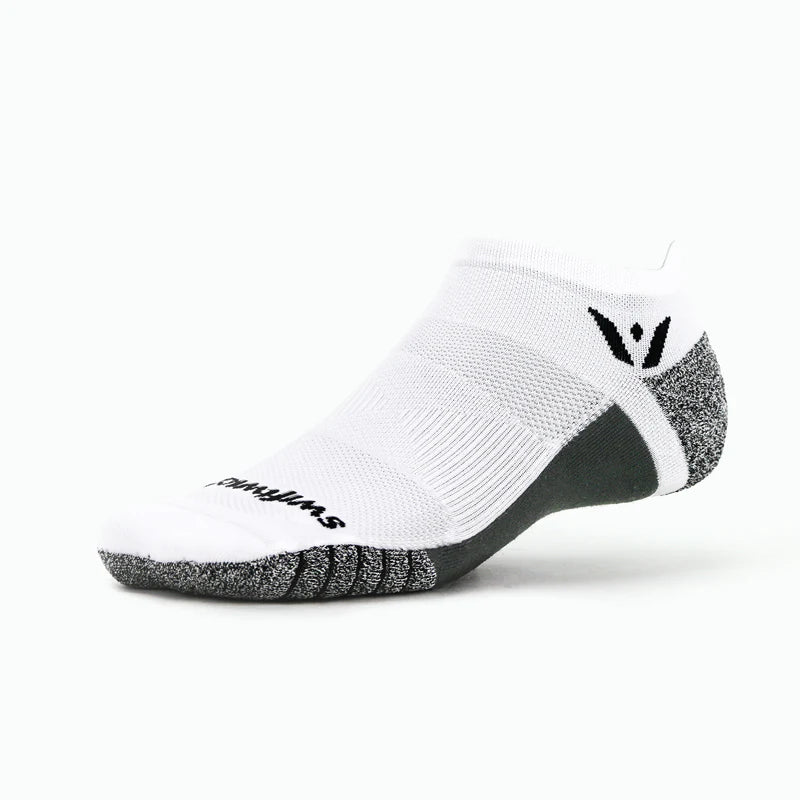 Unisex Swiftwick Flite XT. White. Lateral view.