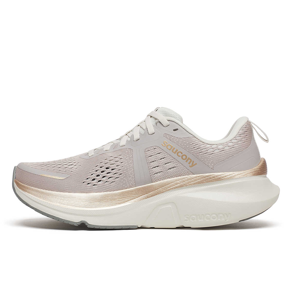 Women's Saucony Guide 18. Oat/Quartz. Medial view.