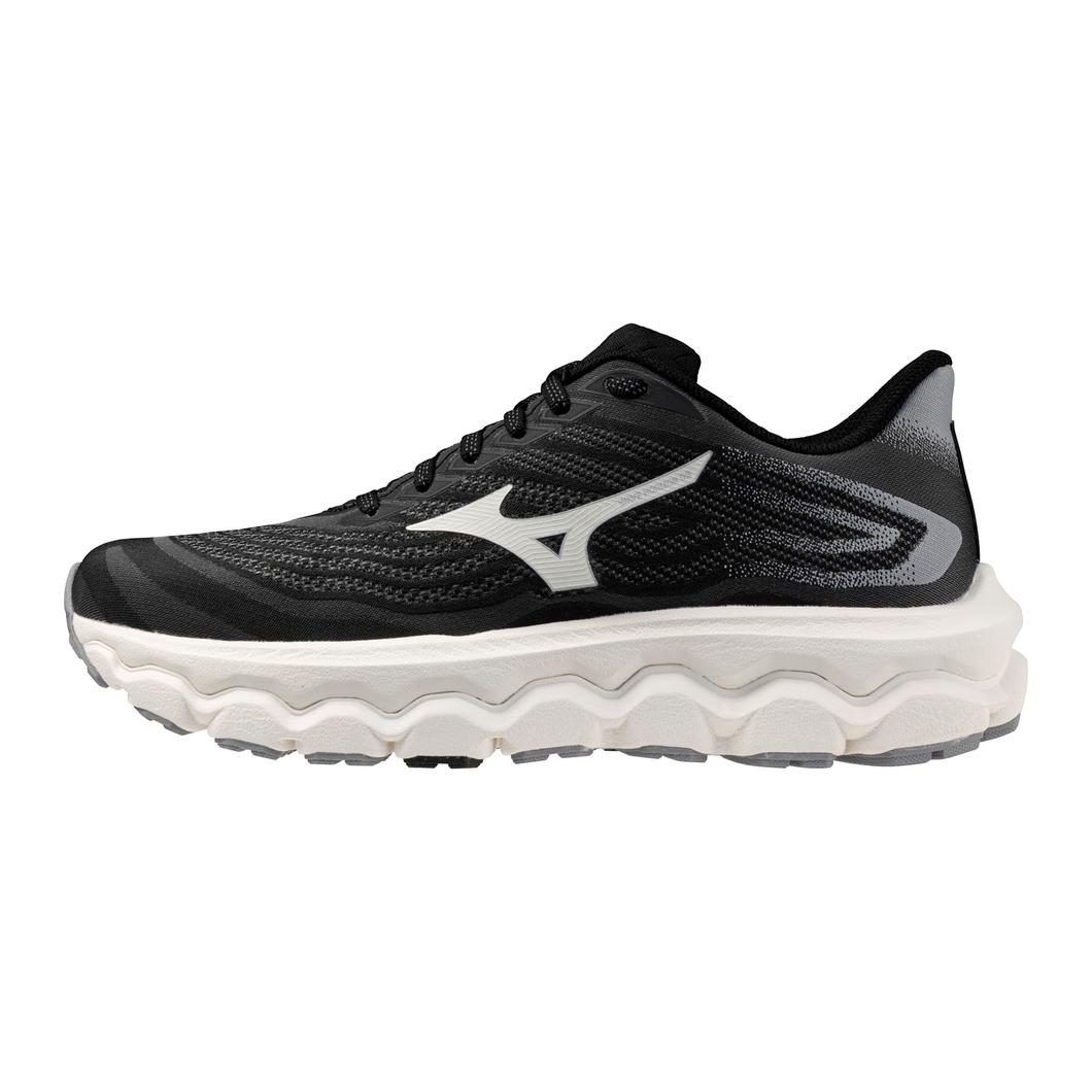 Women's Mizuno Wave Horizon 8 in Black/White, lateral view.
