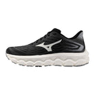 Women's Mizuno Wave Horizon 8 in Black/White, lateral view.