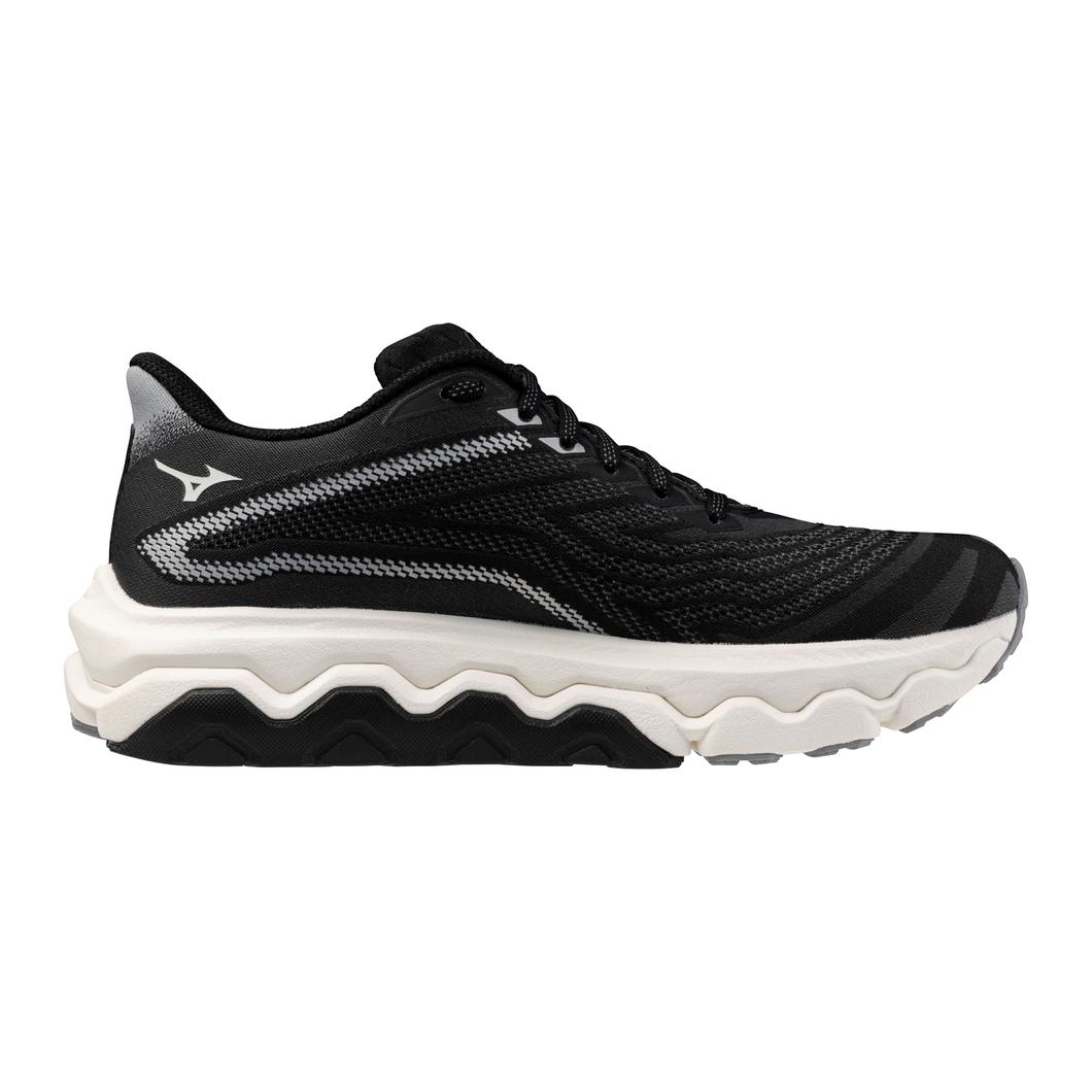 Women's Mizuno Wave Horizon 8 in Black/White, medial view.