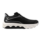 Women's Mizuno Wave Horizon 8 in Black/White, medial view.