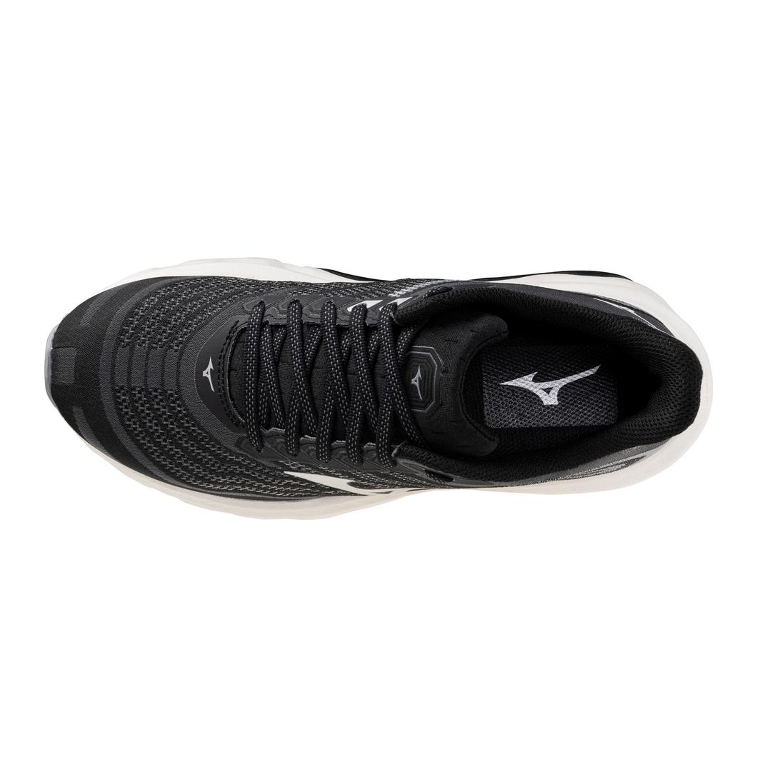 Women's Mizuno Wave Horizon 8 in Black/White, top view.