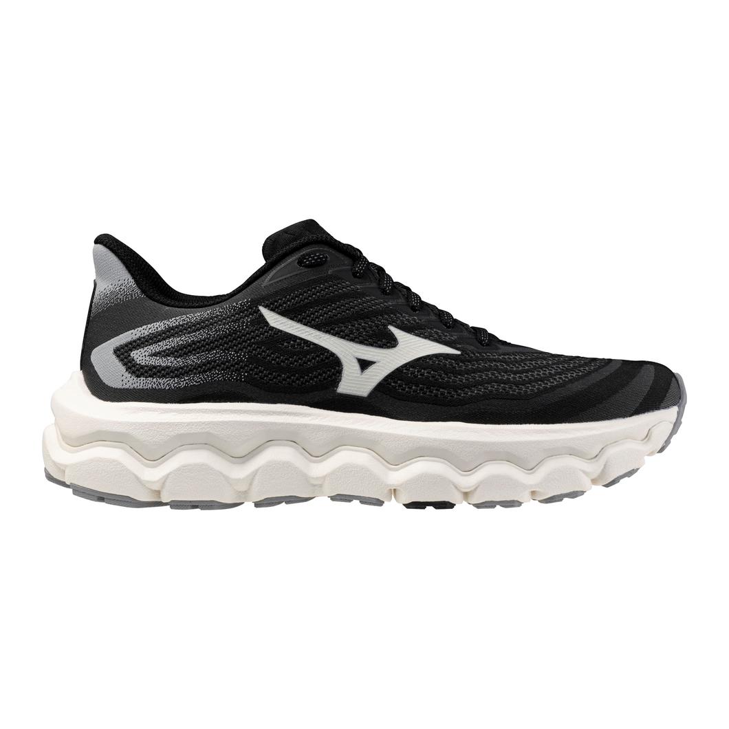 Women's Mizuno Wave Horizon 8 in Black/White, lateral view.