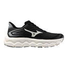 Women's Mizuno Wave Horizon 8 in Black/White, lateral view.