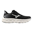 Women's Mizuno Wave Horizon 8 in Black/White, lateral view.