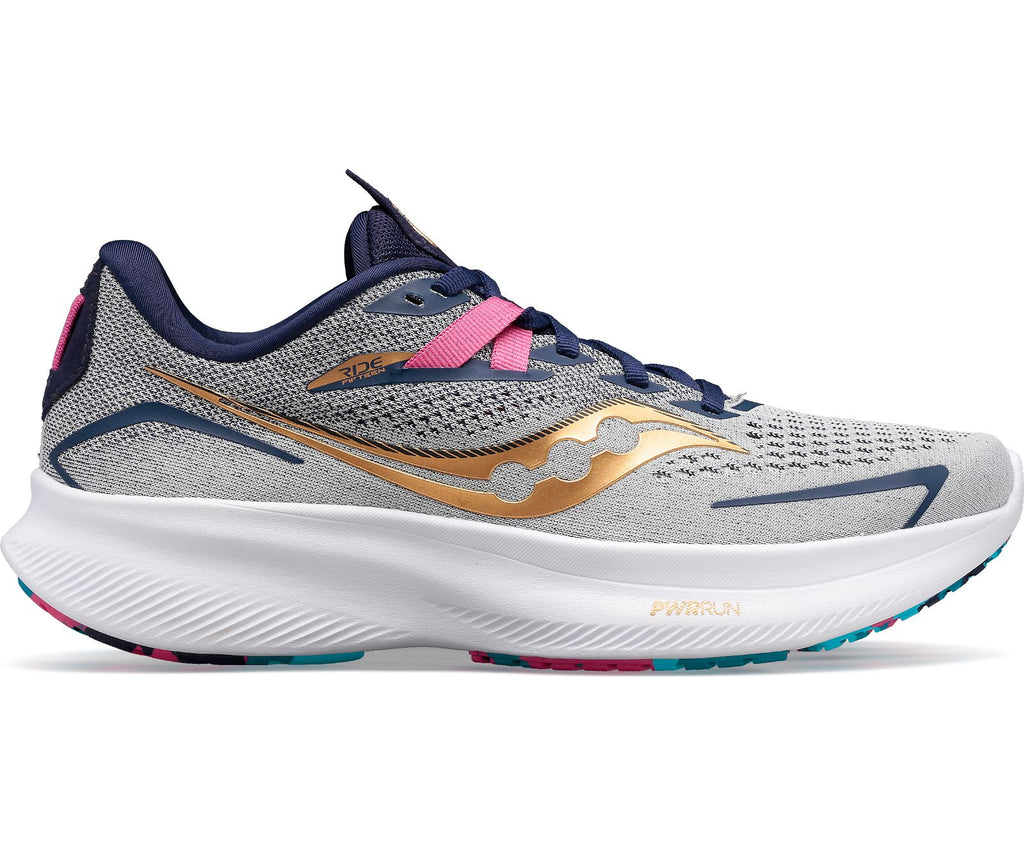 Women's Saucony Ride 15. Grey upper. White midsole. Lateral view.