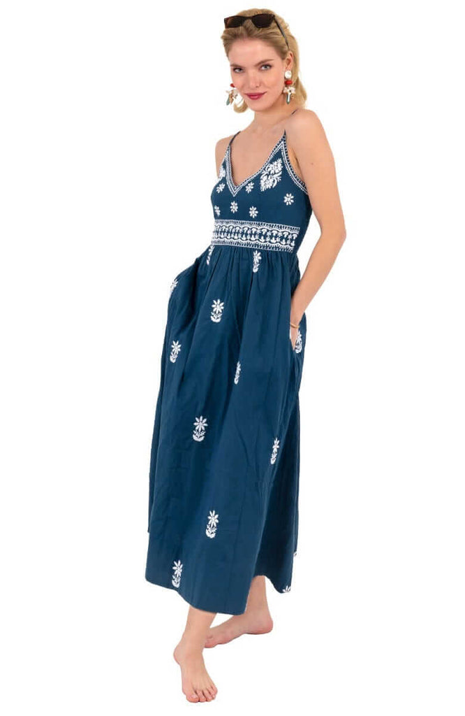 Women's Gretchen Scott Hand Embroidered Midi Dress. Blue with white pattern. Front view.