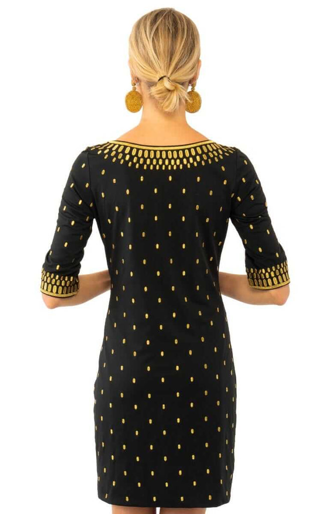 Women's Gretchen Scott Rocket Girl Dress. Black and gold colorway. Back view.