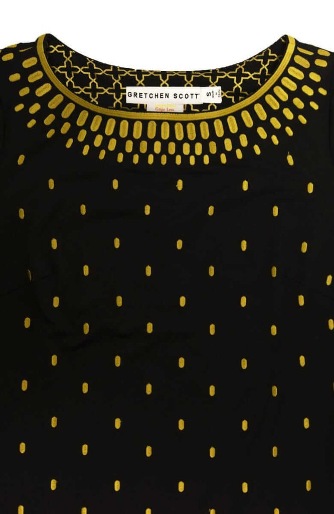 Women's Gretchen Scott Rocket Girl Dress. Black and gold colorway. Front view. 