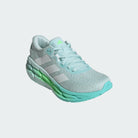 Women's Adidas Adistar 4. Light blue upper. Blue and green midsole. Lateral view.