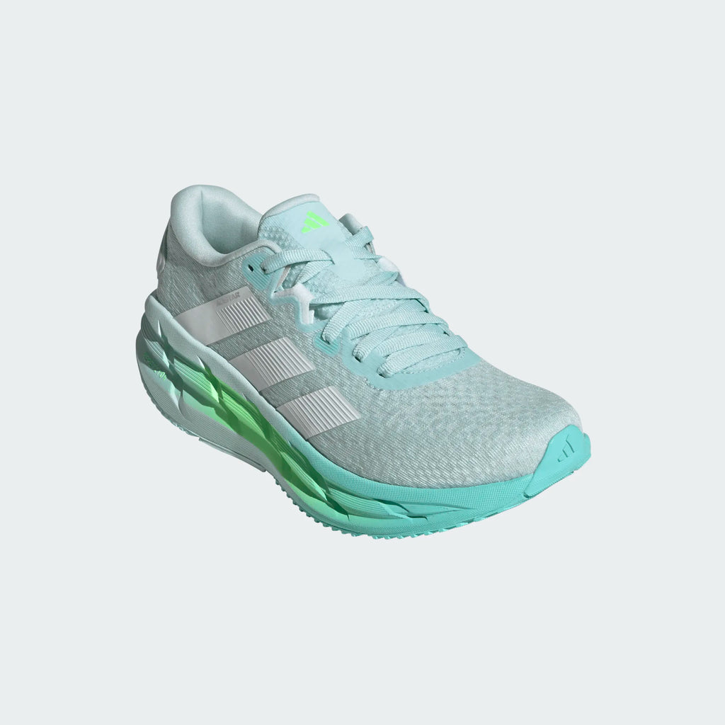 Women's Adidas Adistar 4. Light blue upper. Blue and green midsole. Lateral view.