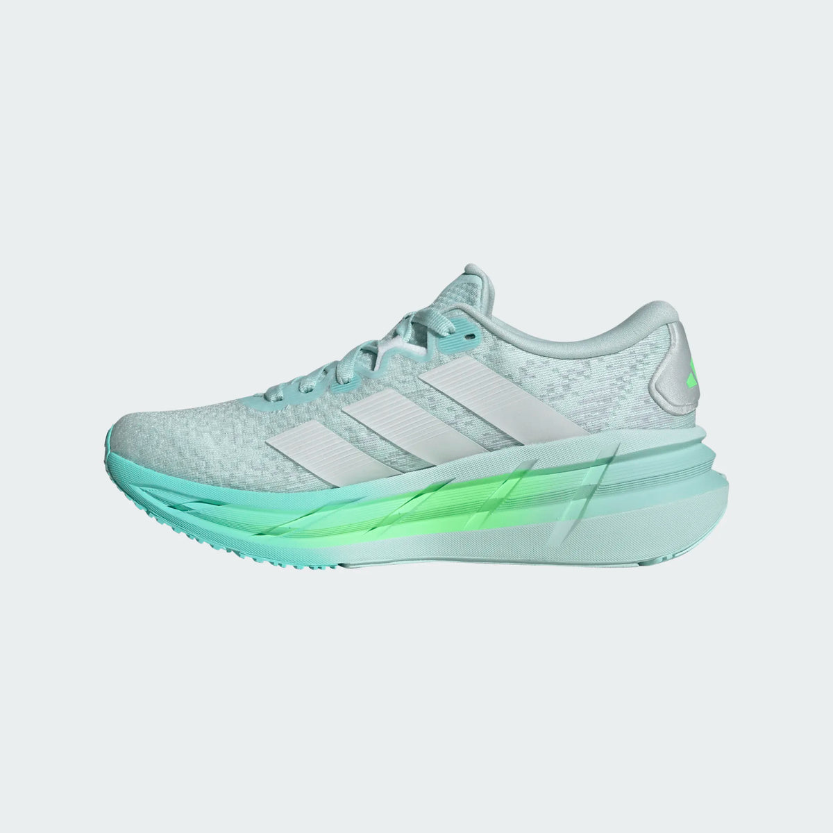 Women's Adidas Adistar 4. Light blue upper. Blue and green midsole. Medial view.