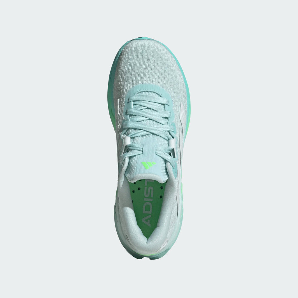 Women's Adidas Adistar 4. Light blue upper. Blue and green midsole. Top view.