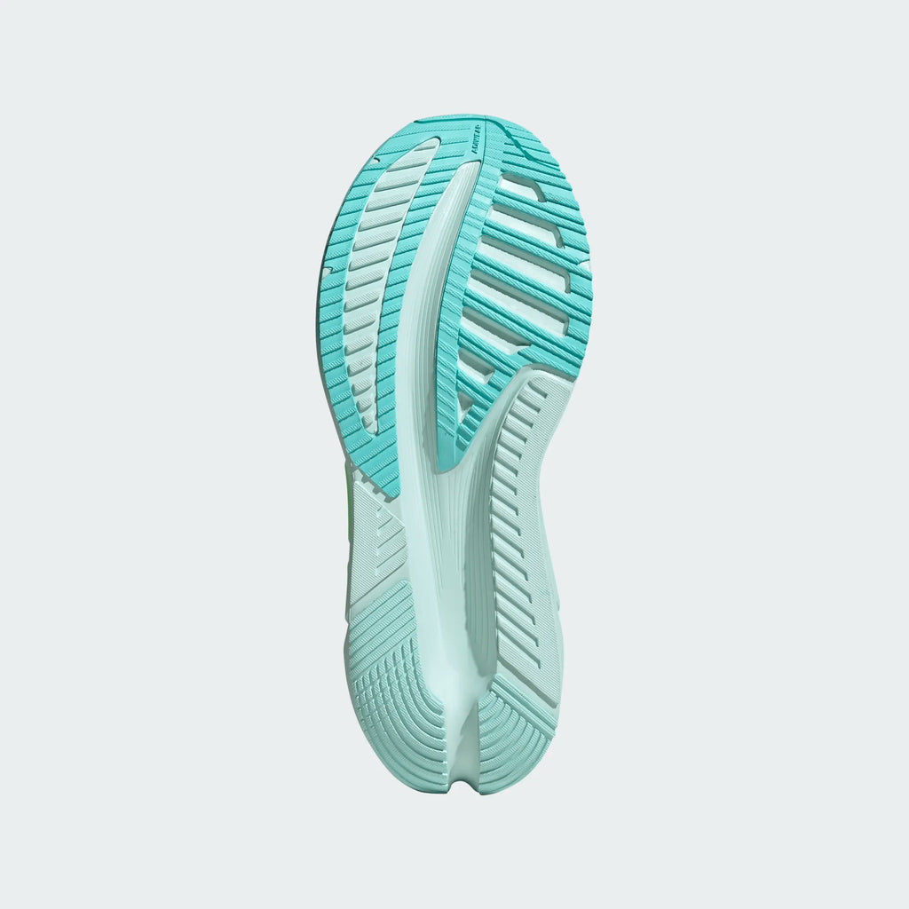 Women's Adidas Adistar 4. Light blue upper. Blue and green midsole. Bottom view.