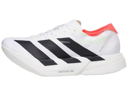 Women's Adidas Adizero Adios Pro 4. White upper. White midsole. Lateral view.