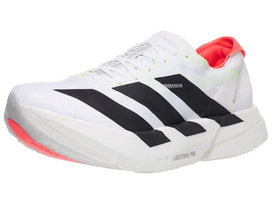 Women's Adidas Adizero Adios Pro 4. White upper. White midsole. Lateral view.