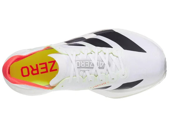 Women's Adidas Adizero Adios Pro 4. White upper. White midsole. Top view.