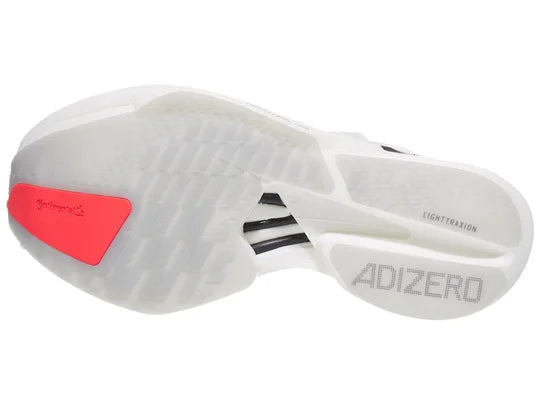 Women's Adidas Adizero Adios Pro 4. White upper. White midsole. Bottom view.