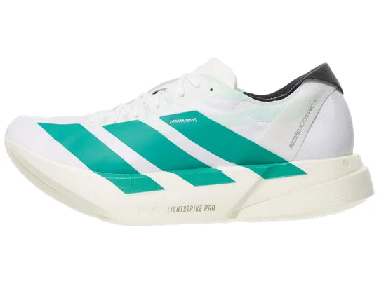 Women's Adidas Adios Pro 4. White upper. Cream midsole. Green logo. Lateral view. 