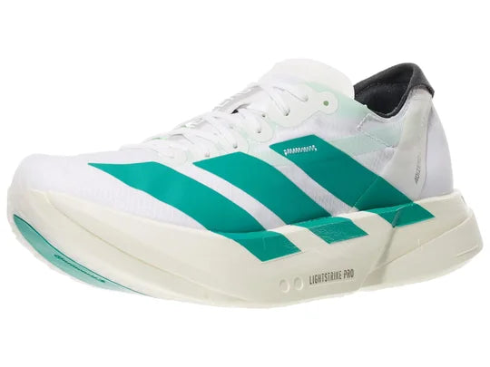 Women's Adidas Adios Pro 4. White upper. Cream midsole. Green logo. Lateral view. 