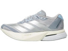 Women's Adidas Adizero Boston 13. Light Blue/Grey upper. White midsole. Lateral view.