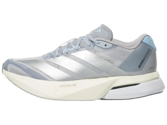 Women's Adidas Adizero Boston 13. Light Blue/Grey upper. White midsole. Lateral view.