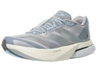 Women's Adidas Adizero Boston 13. Light Blue/Grey upper. White midsole. Lateral view.