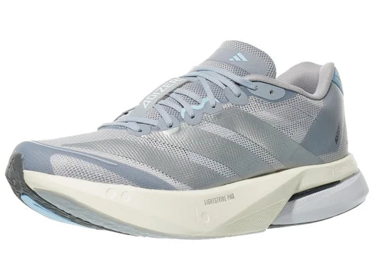 Women's Adidas Adizero Boston 13. Light Blue/Grey upper. White midsole. Lateral view.