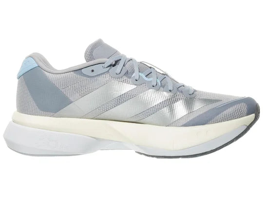 Women's Adidas Adizero Boston 13. Light Blue/Grey upper. White midsole. Medial view.