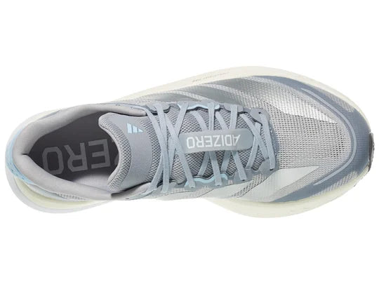 Women's Adidas Adizero Boston 13. Light Blue/Grey upper. White midsole. Top view.