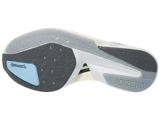 Women's Adidas Adizero Boston 13. Light Blue/Grey upper. White midsole. Bottom view.