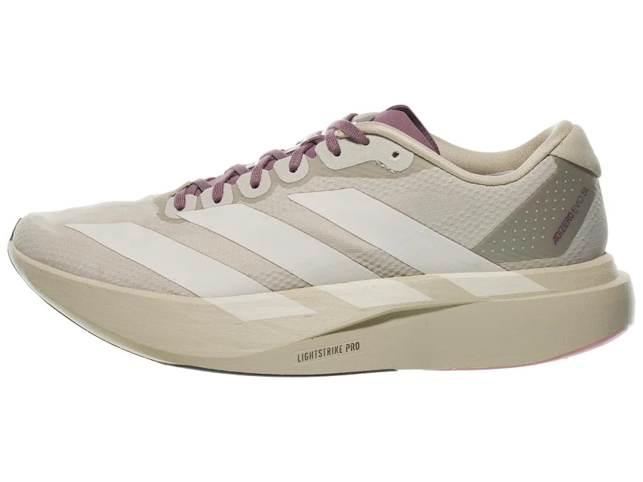 Women's Adidas Adizero Evo SL. Tan/Grey upper. Tan/Grey midsole. Lateral view.