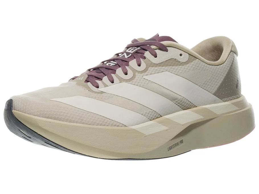 Women's Adidas Adizero Evo SL. Tan/Grey upper. Tan/Grey midsole. Lateral view.