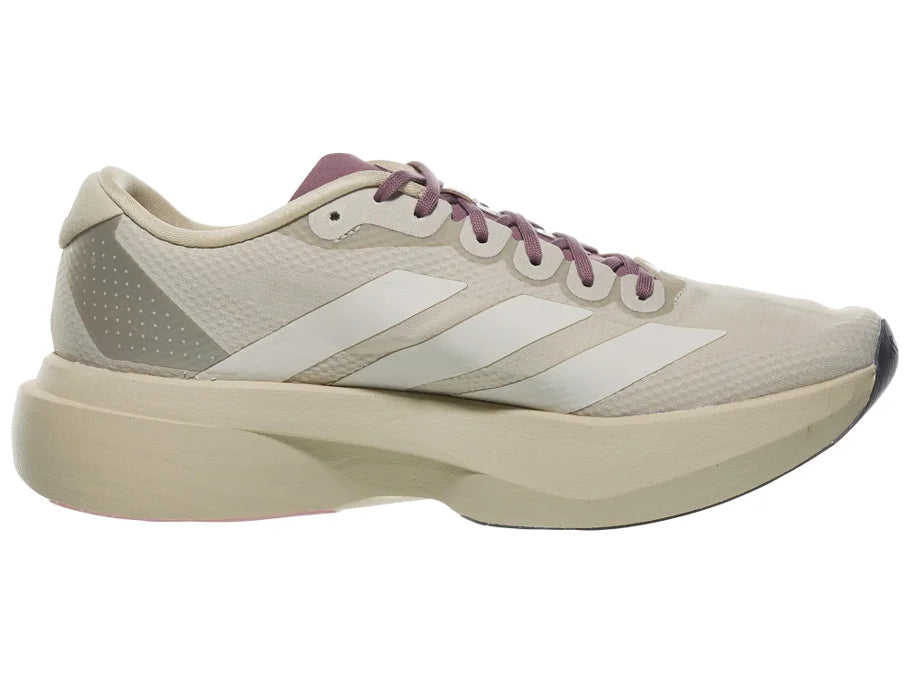Women's Adidas Adizero Evo SL. Tan/Grey upper. Tan/Grey midsole. Medial view.