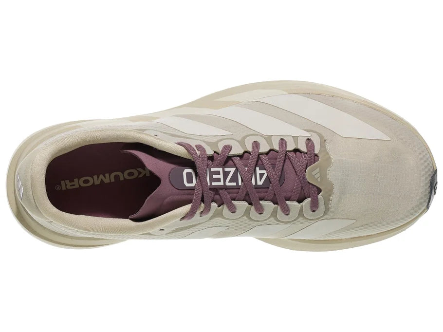 Women's Adidas Adizero Evo SL. Tan/Grey upper. Tan/Grey midsole. Top view.