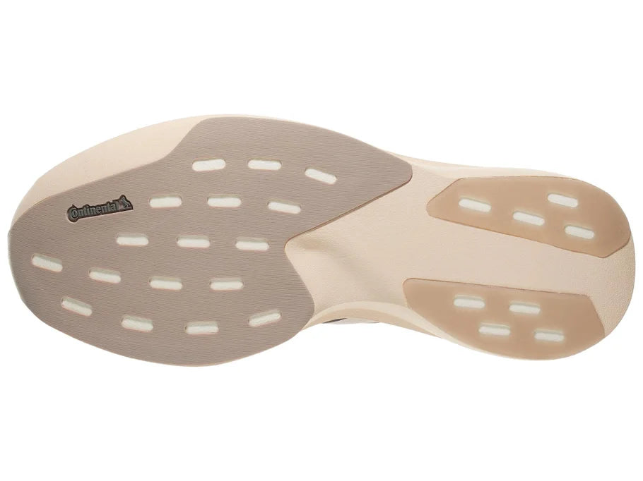 Women's Adidas Adizero Evo SL Woven. Light upper. Off white midsole. Bottom view.