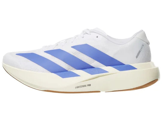 Women's Adidas Adizero Evo SL. White upper. White midsole. Lateral view.