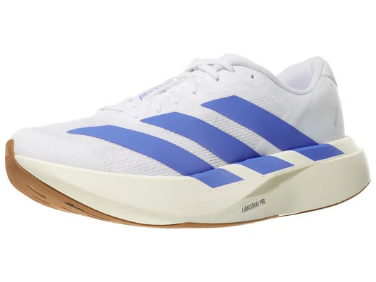 Women's Adidas Adizero Evo SL. White upper. White midsole. Lateral view.