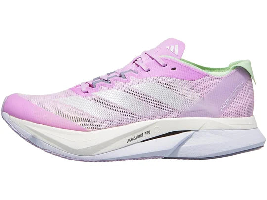 Women's Adidas Boston 12. Pink upper. White midsole. Lateral view.