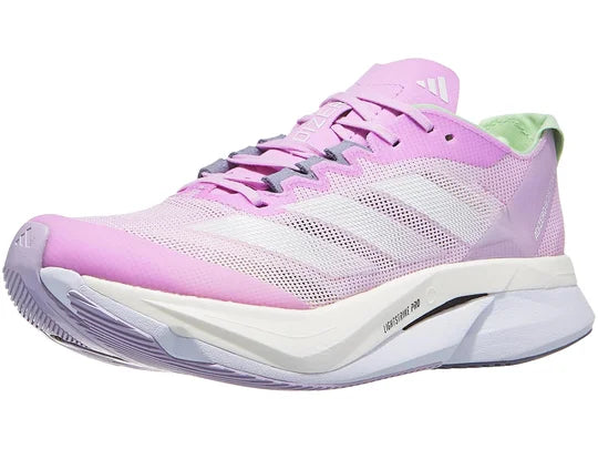 Women's Adidas Boston 12. Pink upper. White midsole. Lateral view.