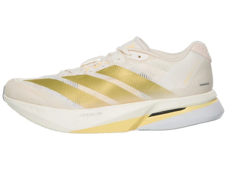 Women's Adidas Boston 13. White upper. White midsole. Lateral view.
