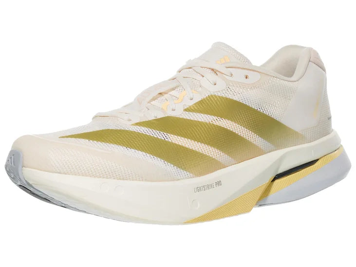 Women's Adidas Boston 13. White upper. White midsole. Lateral view.