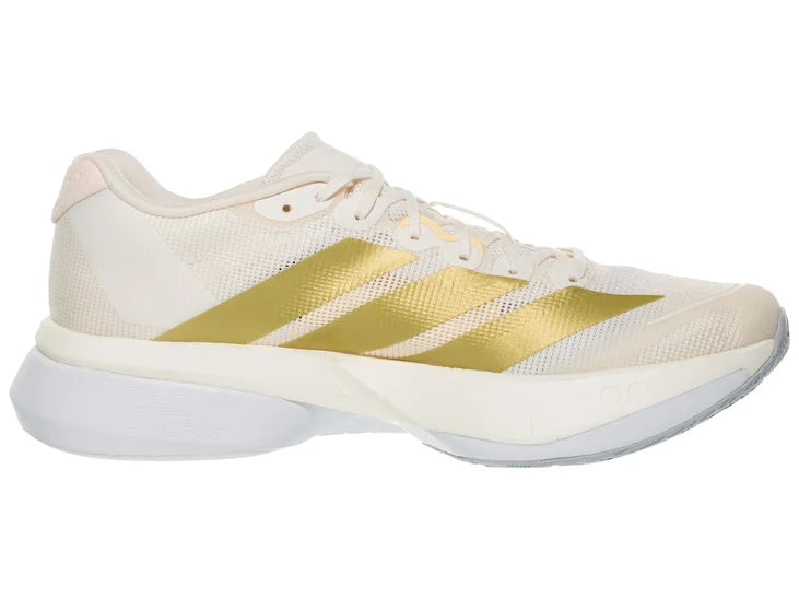 Women's Adidas Boston 13. White upper. White midsole. Medial view.
