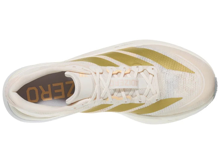 Women's Adidas Boston 13. White upper. White midsole. Top view.