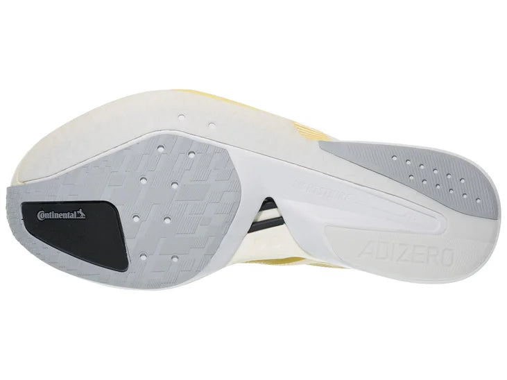 Women's Adidas Boston 13. White upper. White midsole. Bottom view.