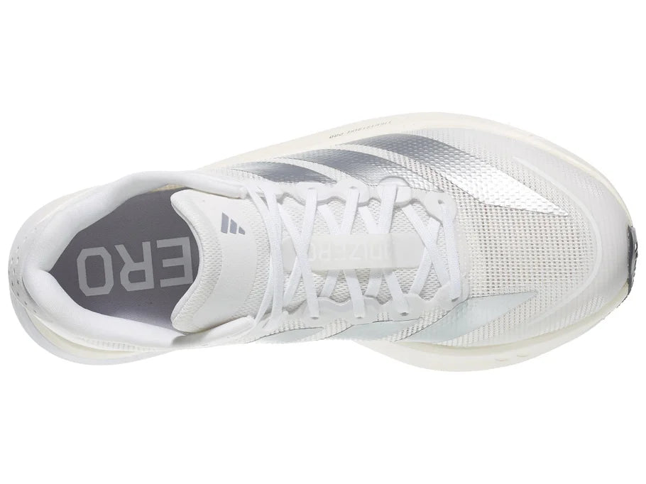Women's Adidas Boston 13. White upper. White midsole. Top view.
