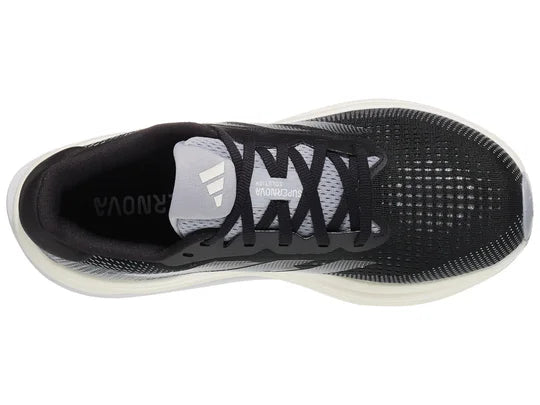 Women's Adidas Supernova Solution in Core Black/Halo Silver/Gash Grey, top view.